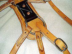Close-up of a tan leather breast collar harness, with a black central portion and metal buckles.