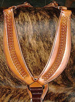 Light brown leather horse collar on a dark brown and tan horse back, with decorative stitching.