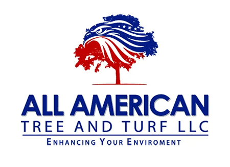 Logo for All American Tree and Turf LLC, tree-shaped eagle in red, white and blue, and company name below.