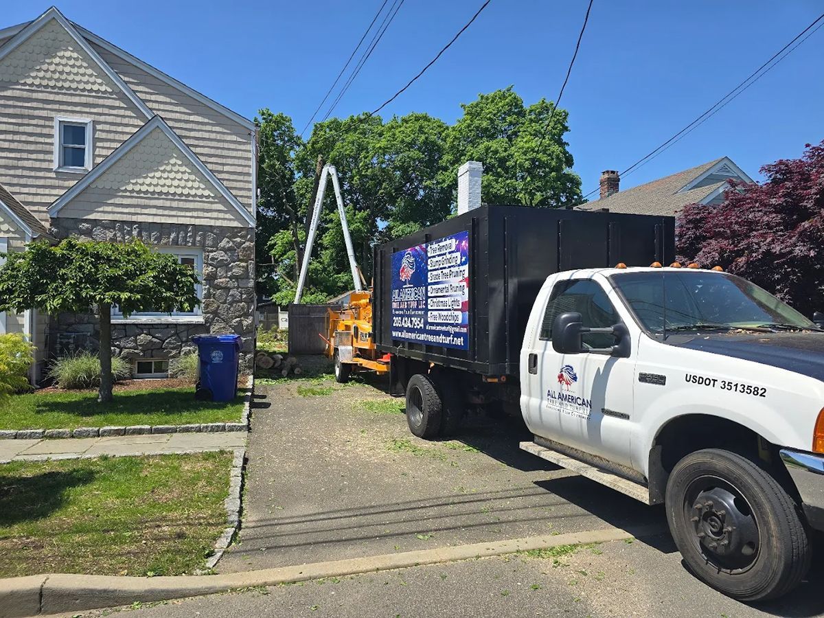 Truck with a chipper parked in a driveway near a house, possibly for tree removal.