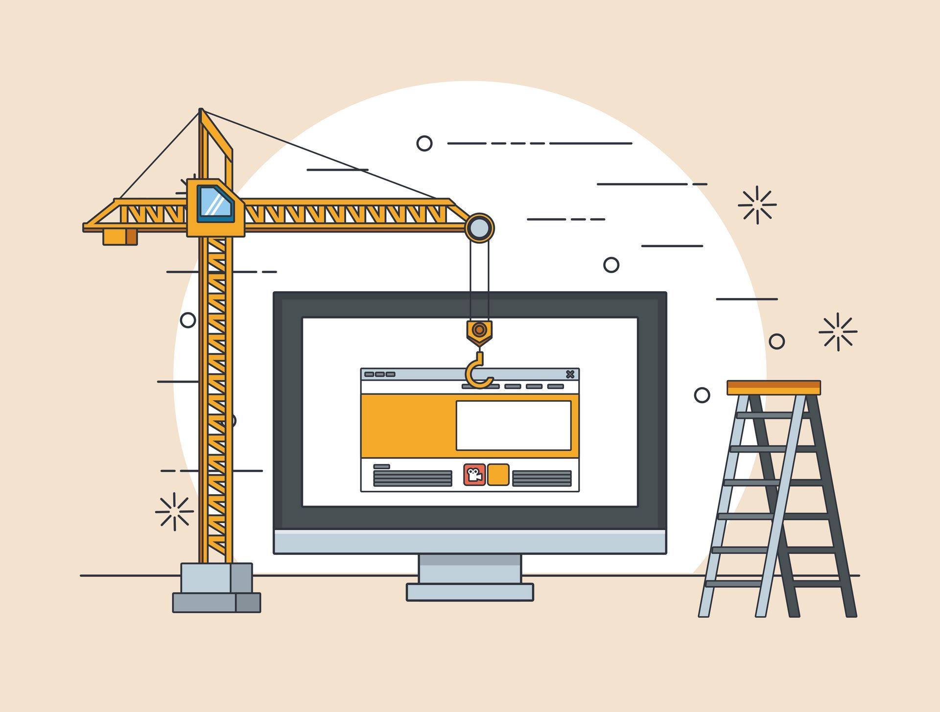 An illustration of a computer being built with a crane.