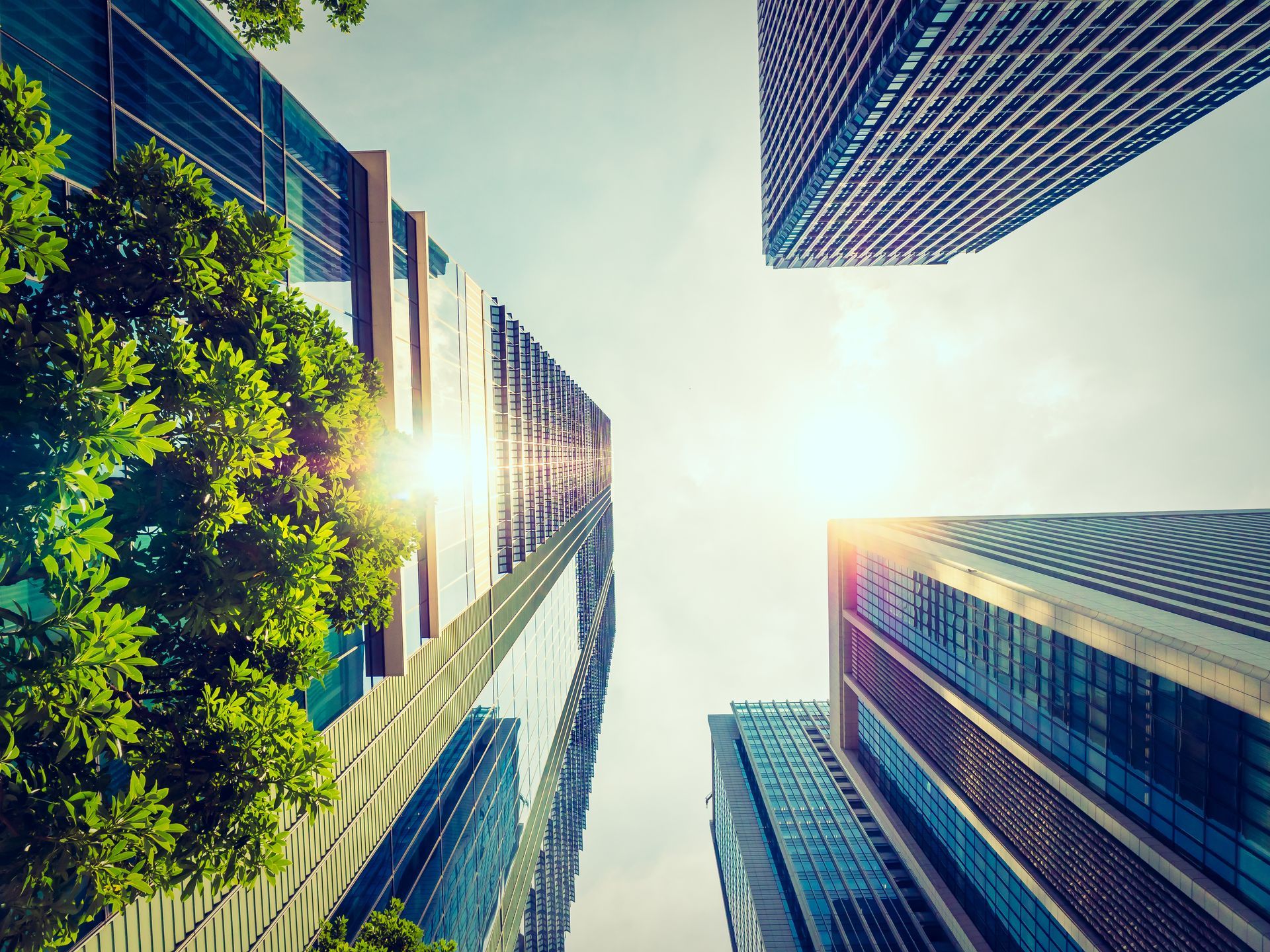 The sun is shining through the windows of a tall building.