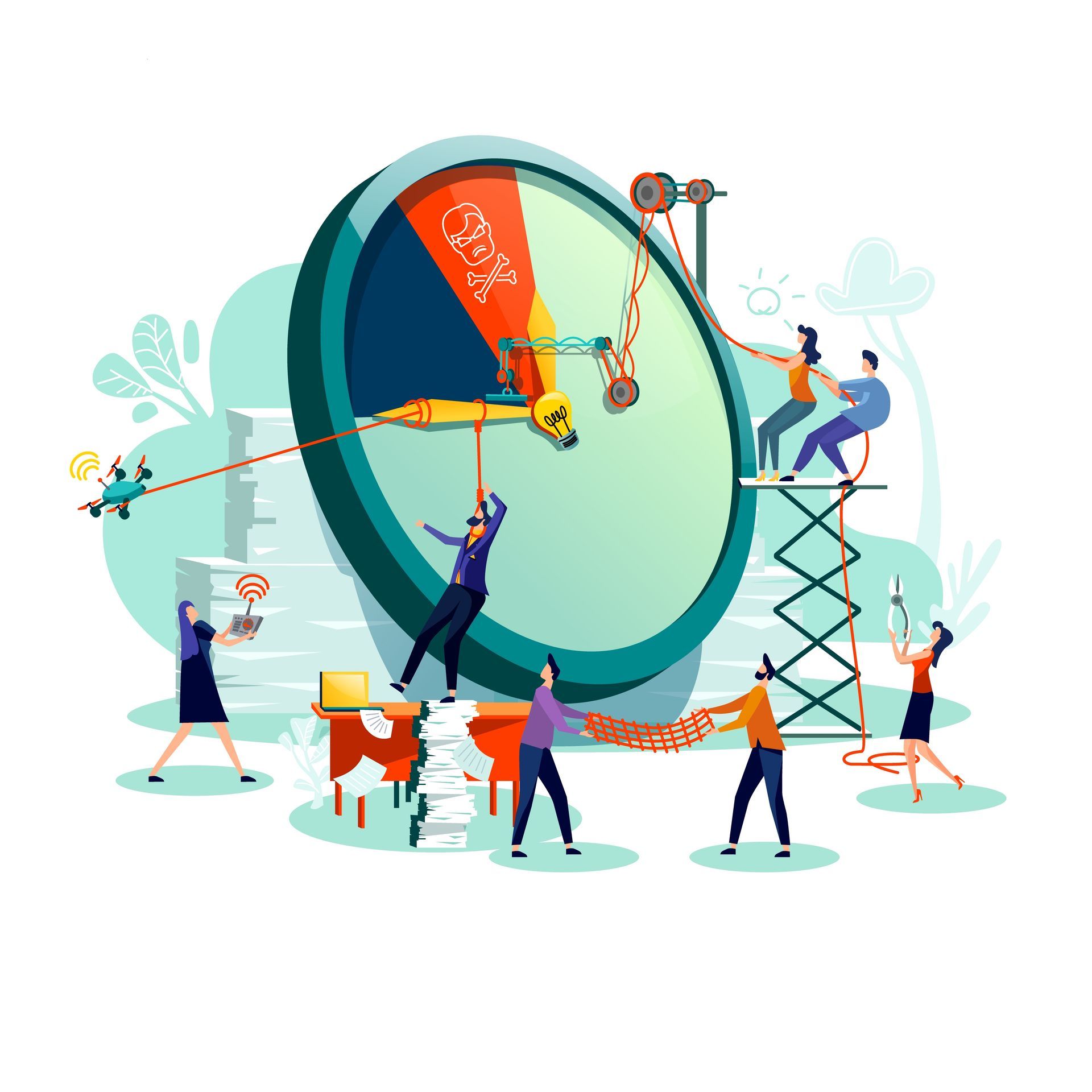 A group of people are working on a clock.