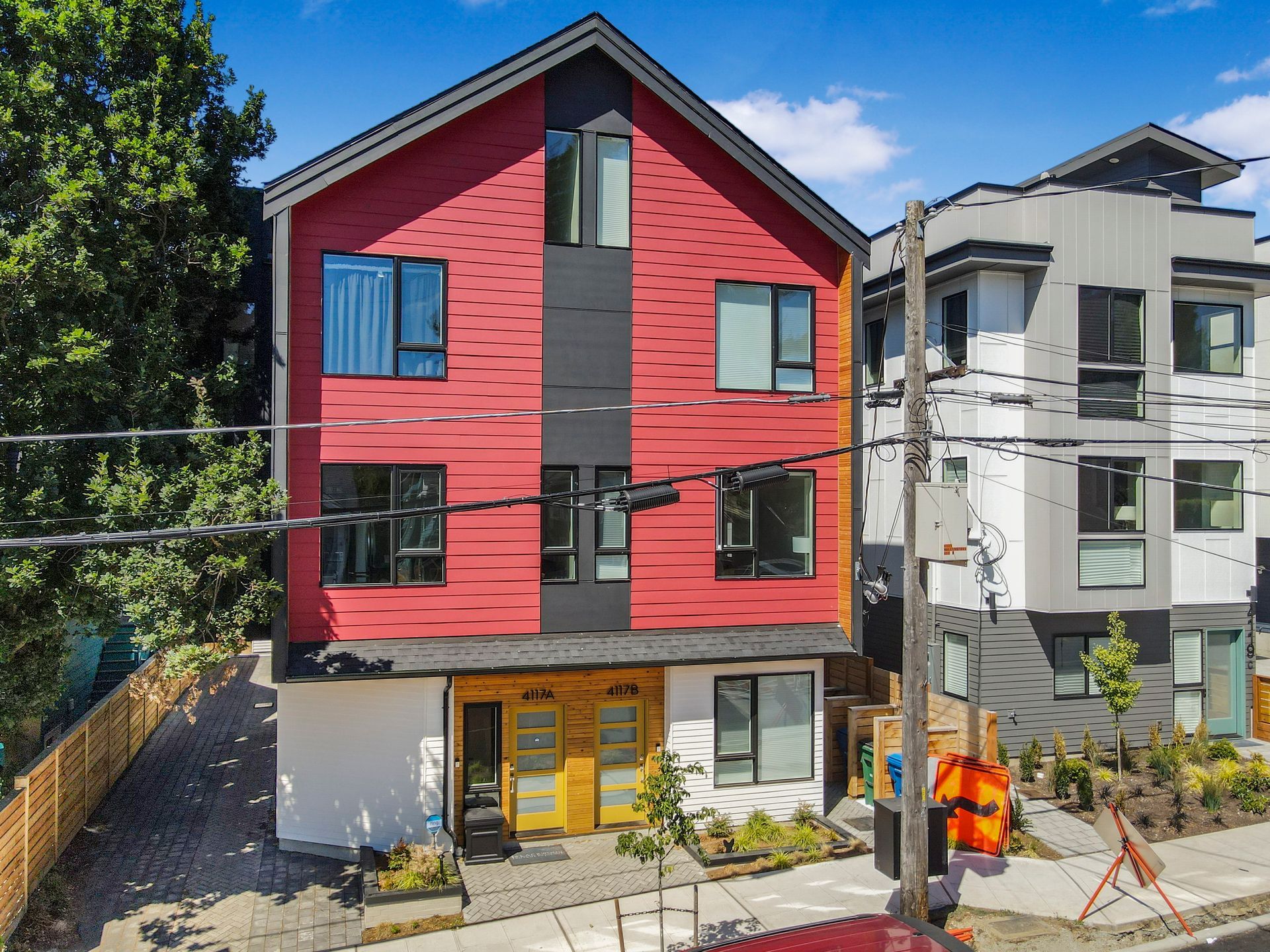 A red and white building with a lot of windows
