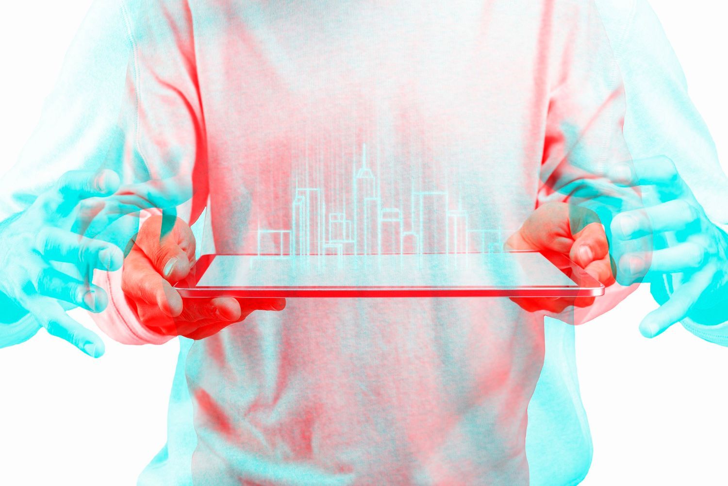 A person is holding a tablet with a city on it.