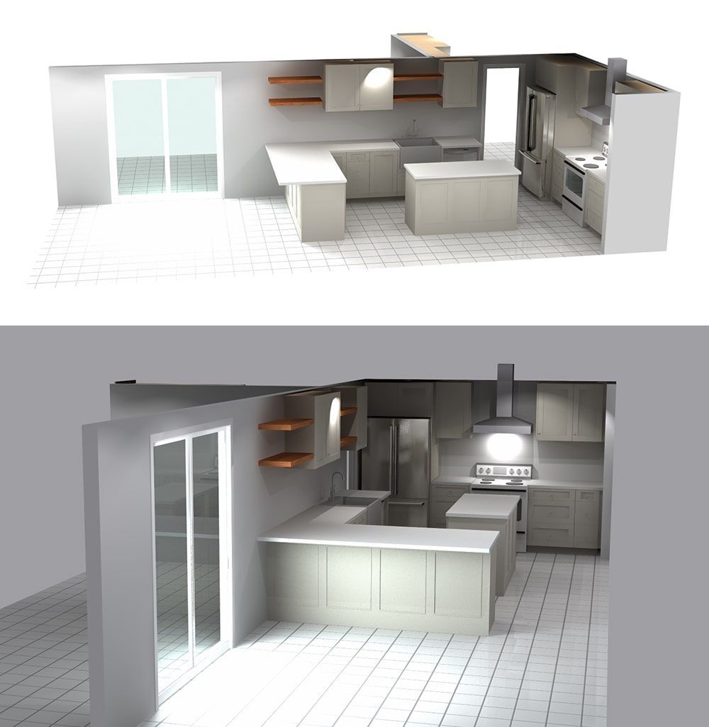 A computer generated image of a kitchen with white cabinets