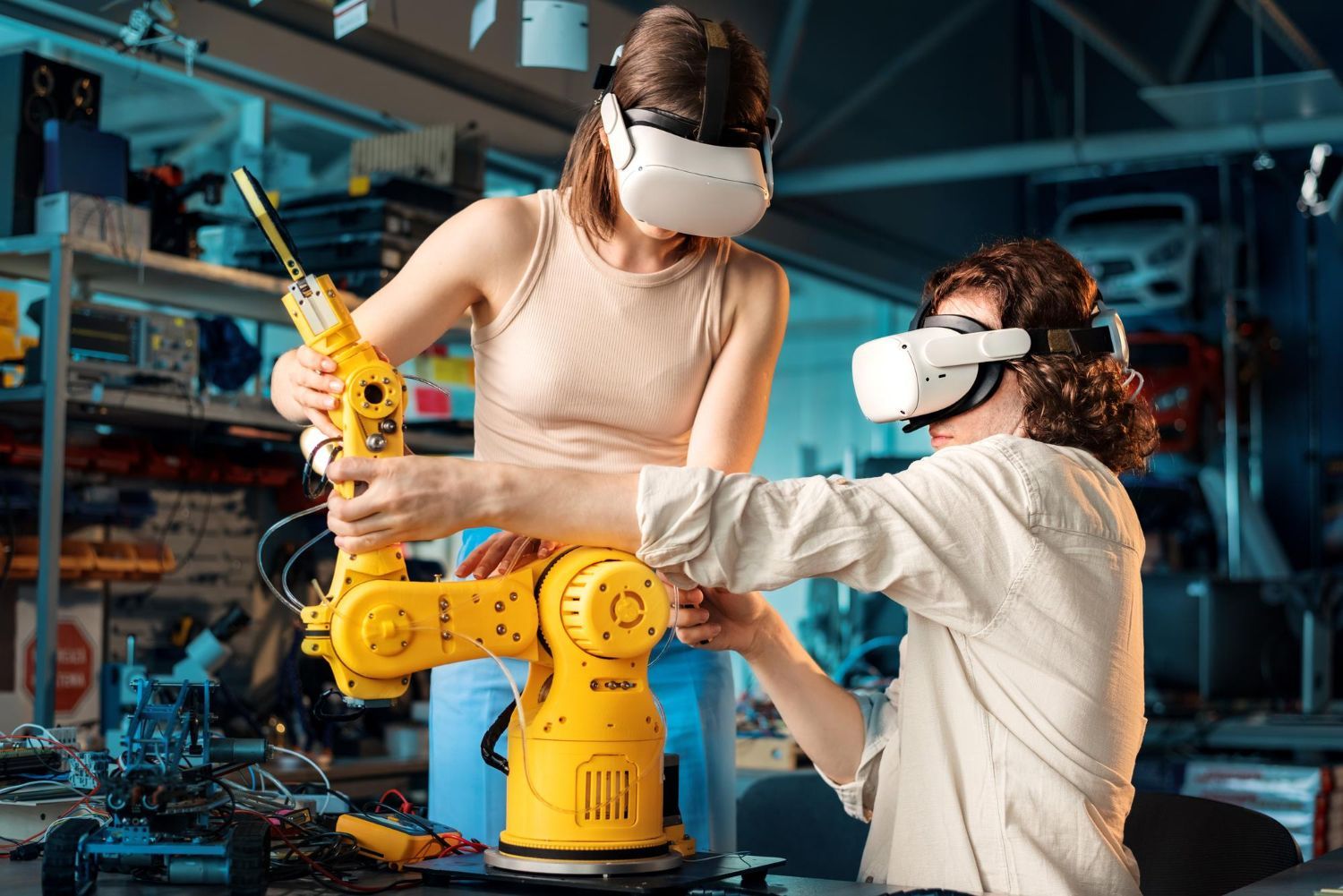A man and a woman wearing virtual reality headsets are working on a robotic arm.