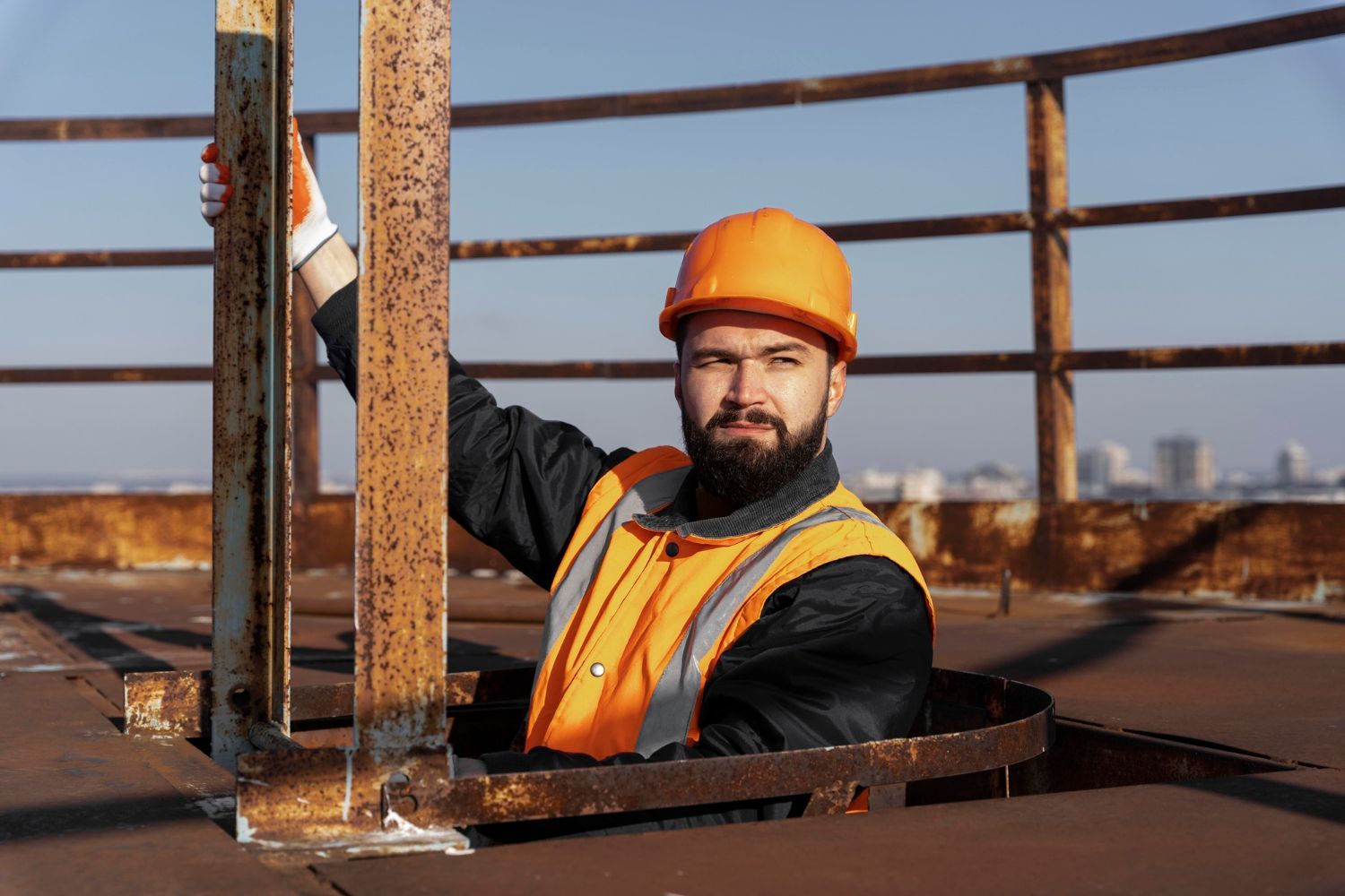 A construction worker is sitting in a hole on top of a building.