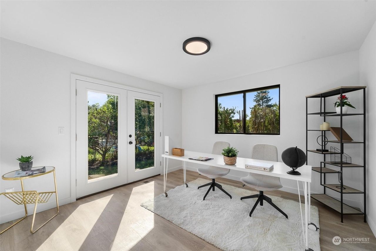 A home office with a desk , chairs and a globe.