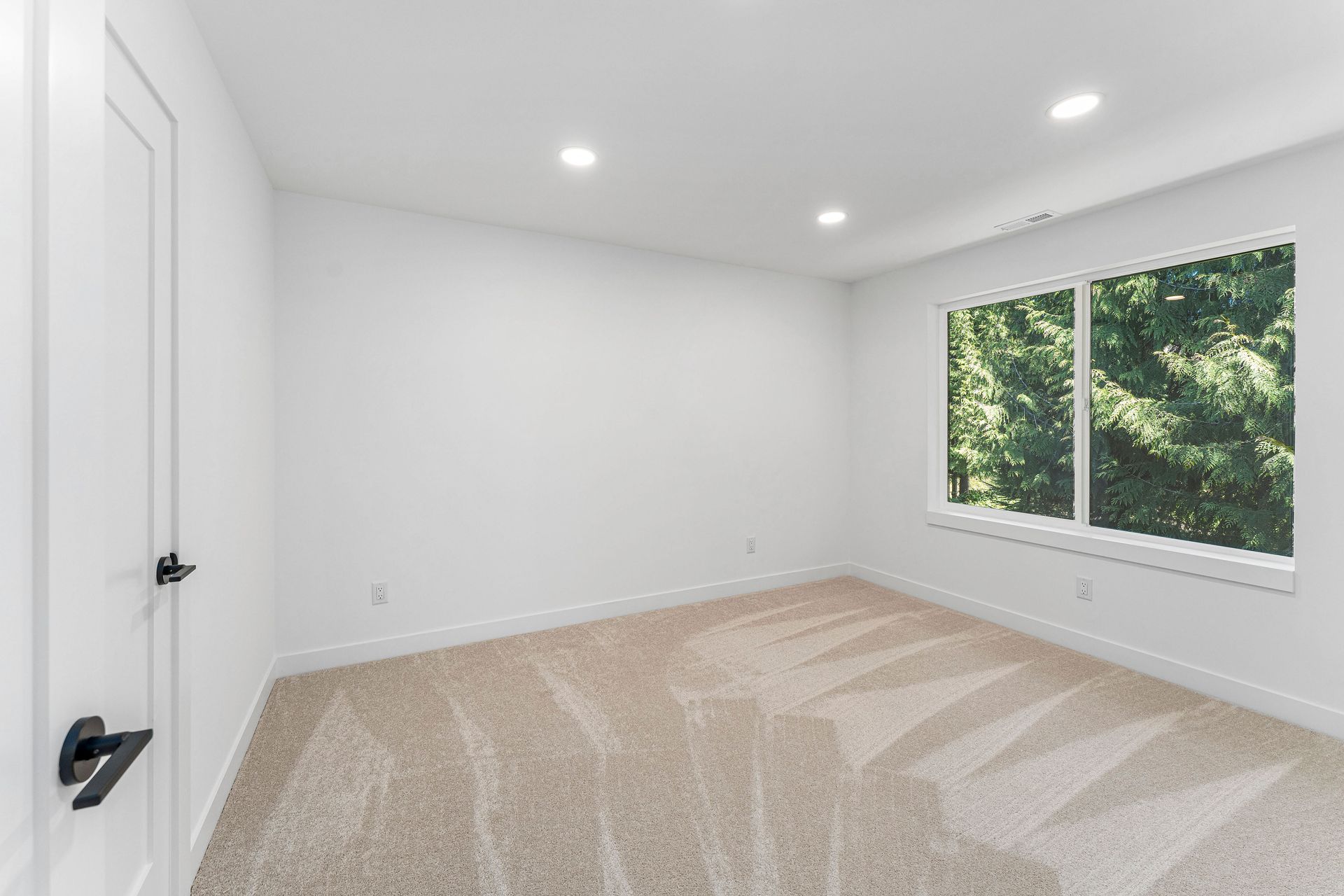 An empty room with a carpeted floor and two windows.