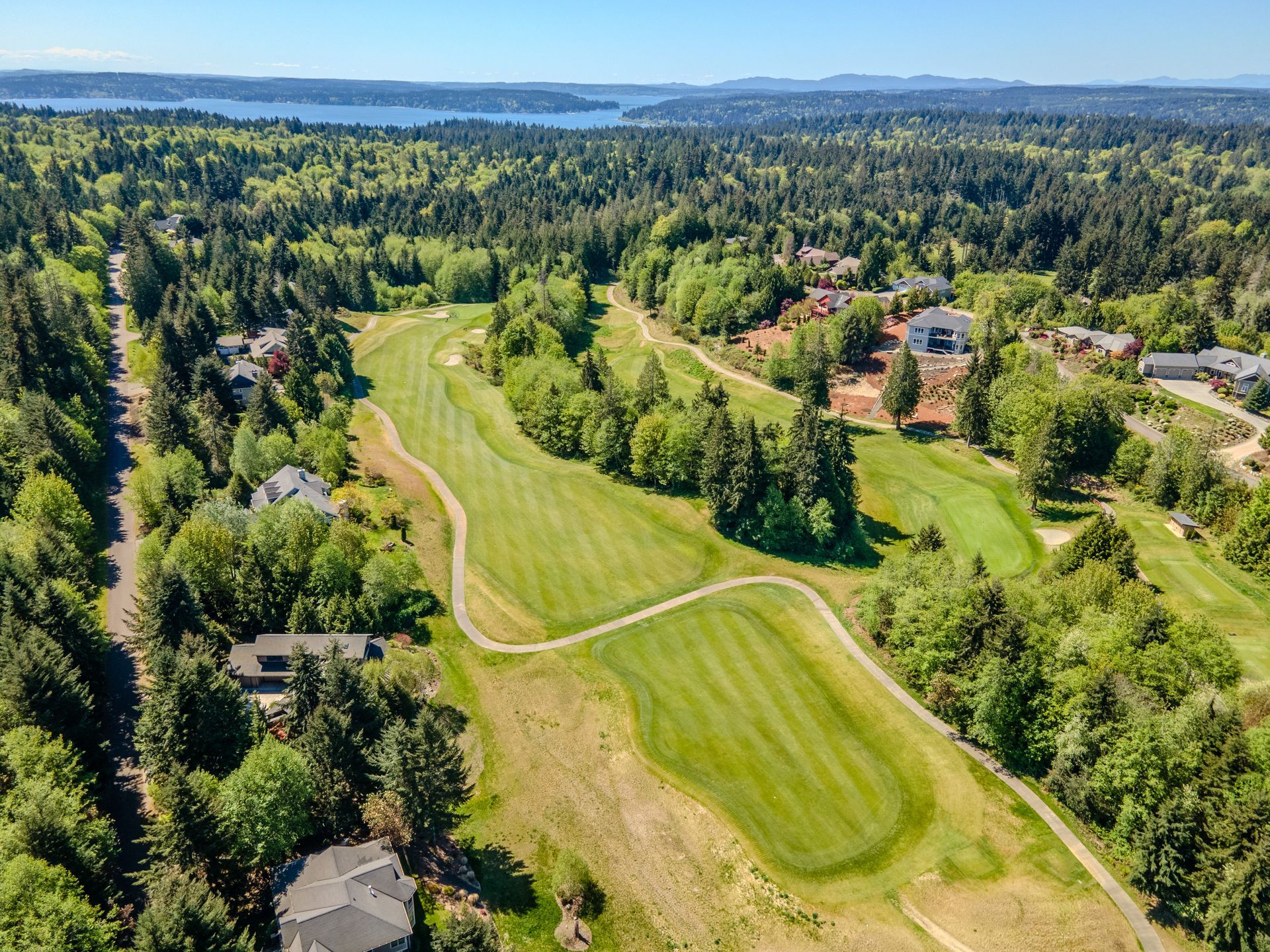 An aerial view of a golf course surrounded by trees and houses.
