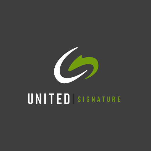A logo for united signature with a green arrow
