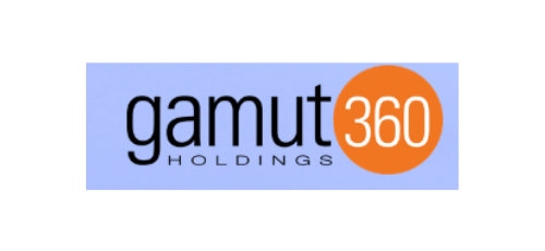 A blue and orange logo for gamut 360 holdings