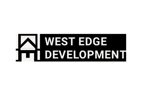 A black and white logo for west edge development on a white background.