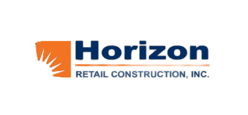 The logo for horizon retail construction inc. is blue and orange.