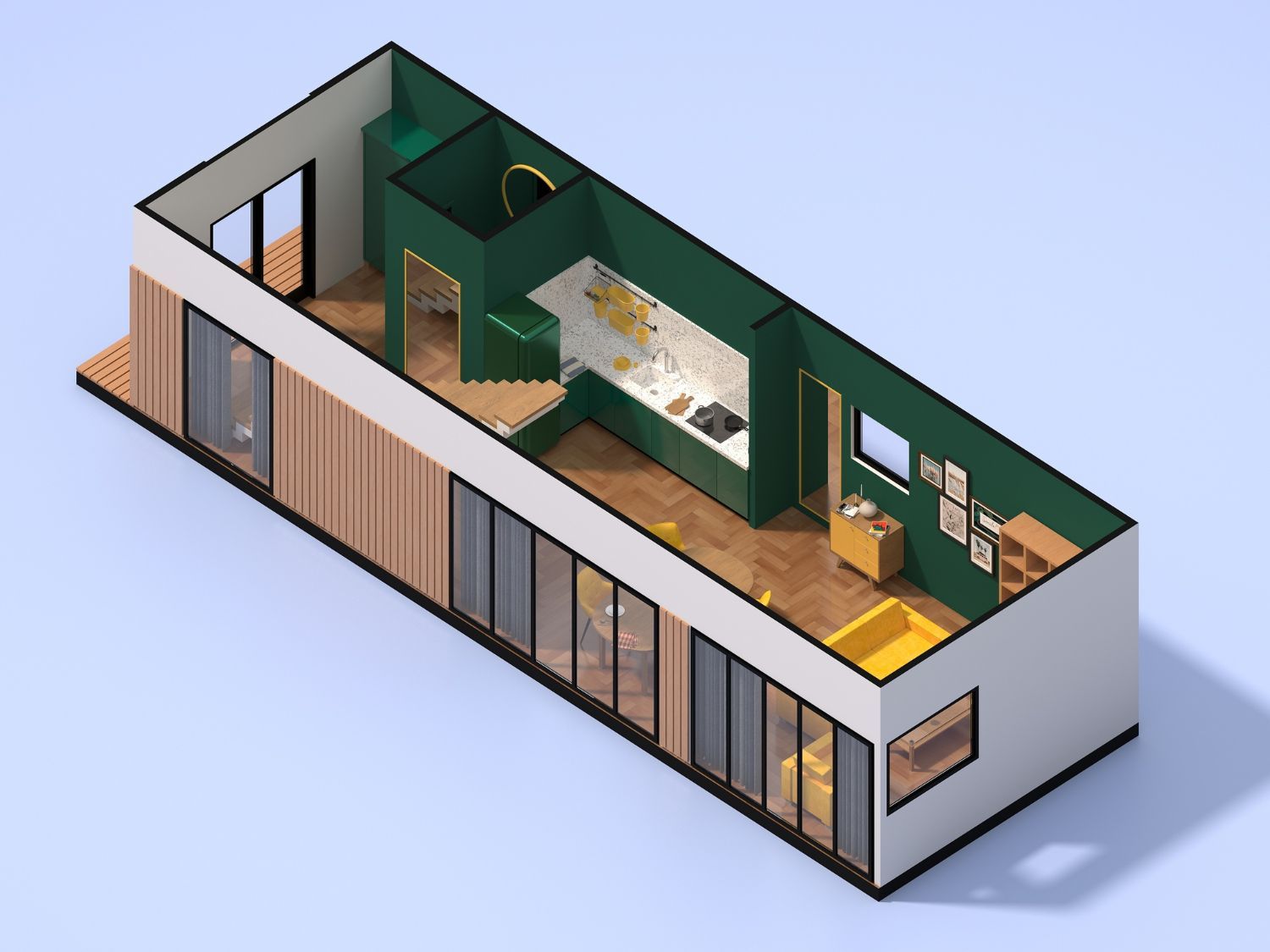 An isometric view of a house with green walls