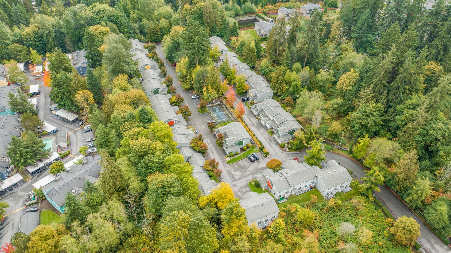 An aerial view of a residential area surrounded by trees and houses.