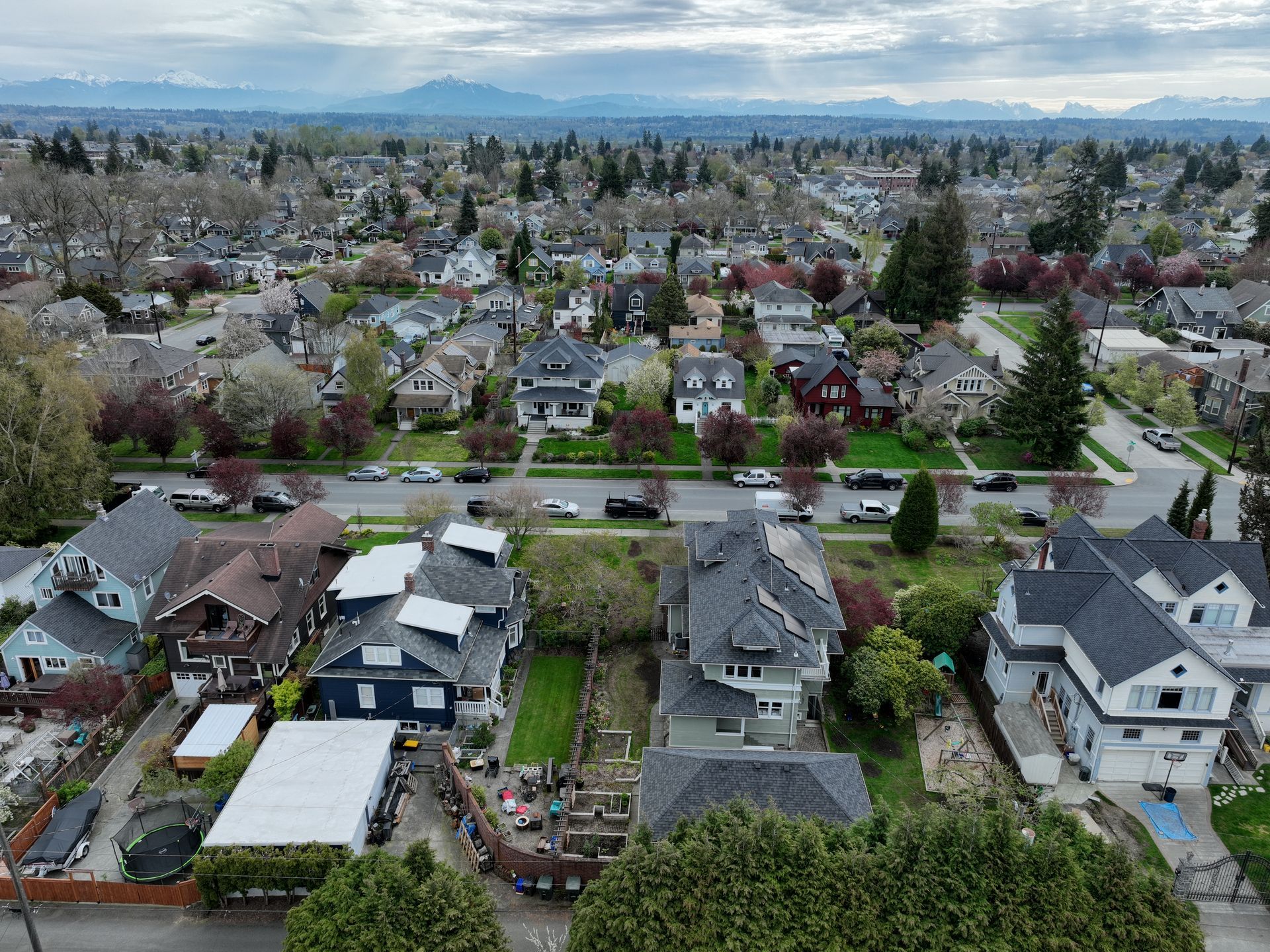 An aerial view of a residential area with lots of houses and trees.