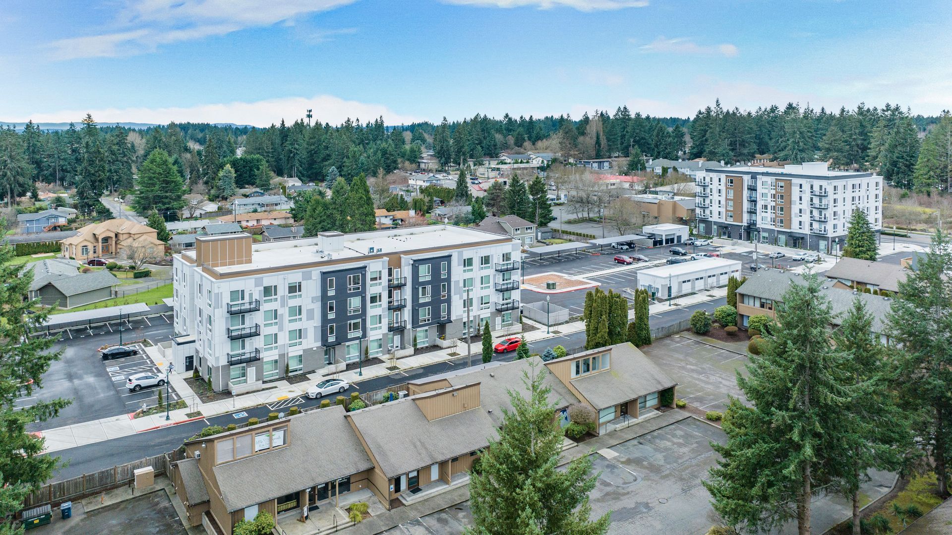 An aerial view of a city with a lot of buildings and trees.