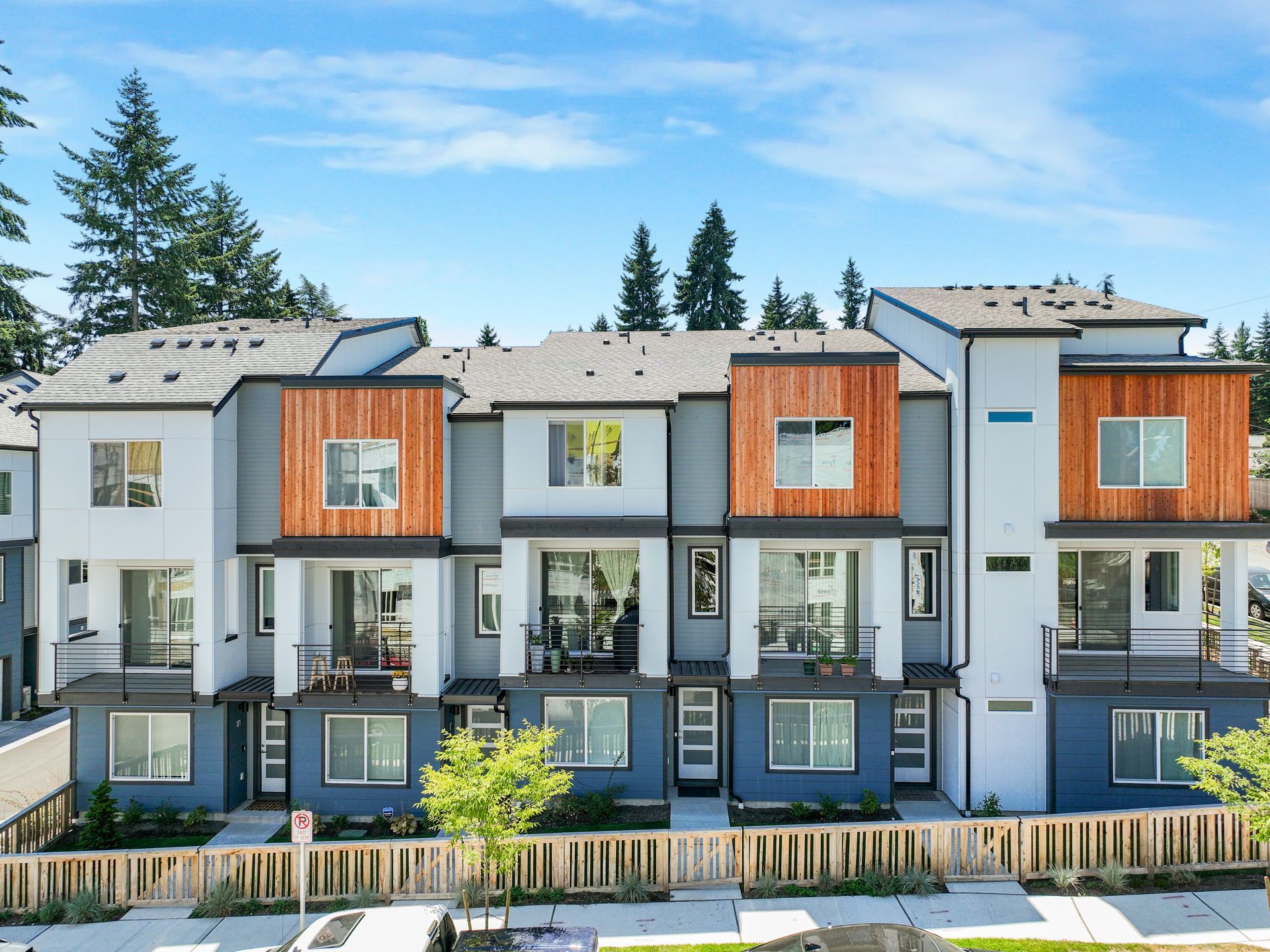 An aerial view of a row of apartment buildings