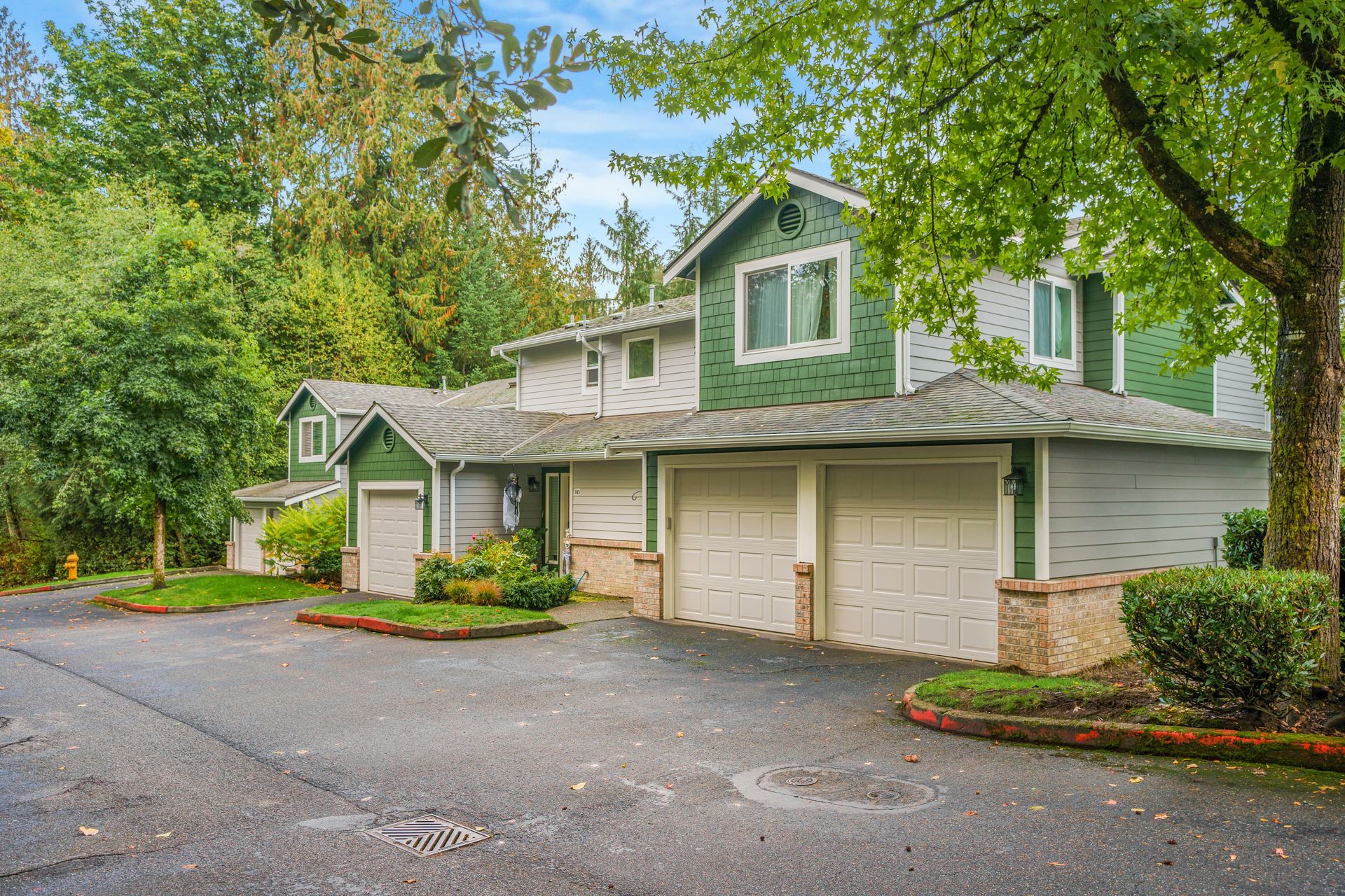 A row of houses with green roofs and white garage doors in a residential area.