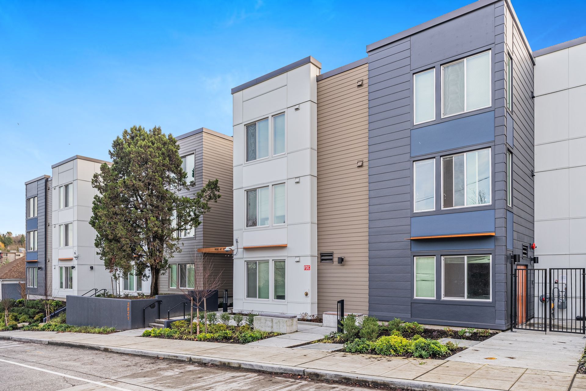 A building with a lot of windows and a tree in front of it