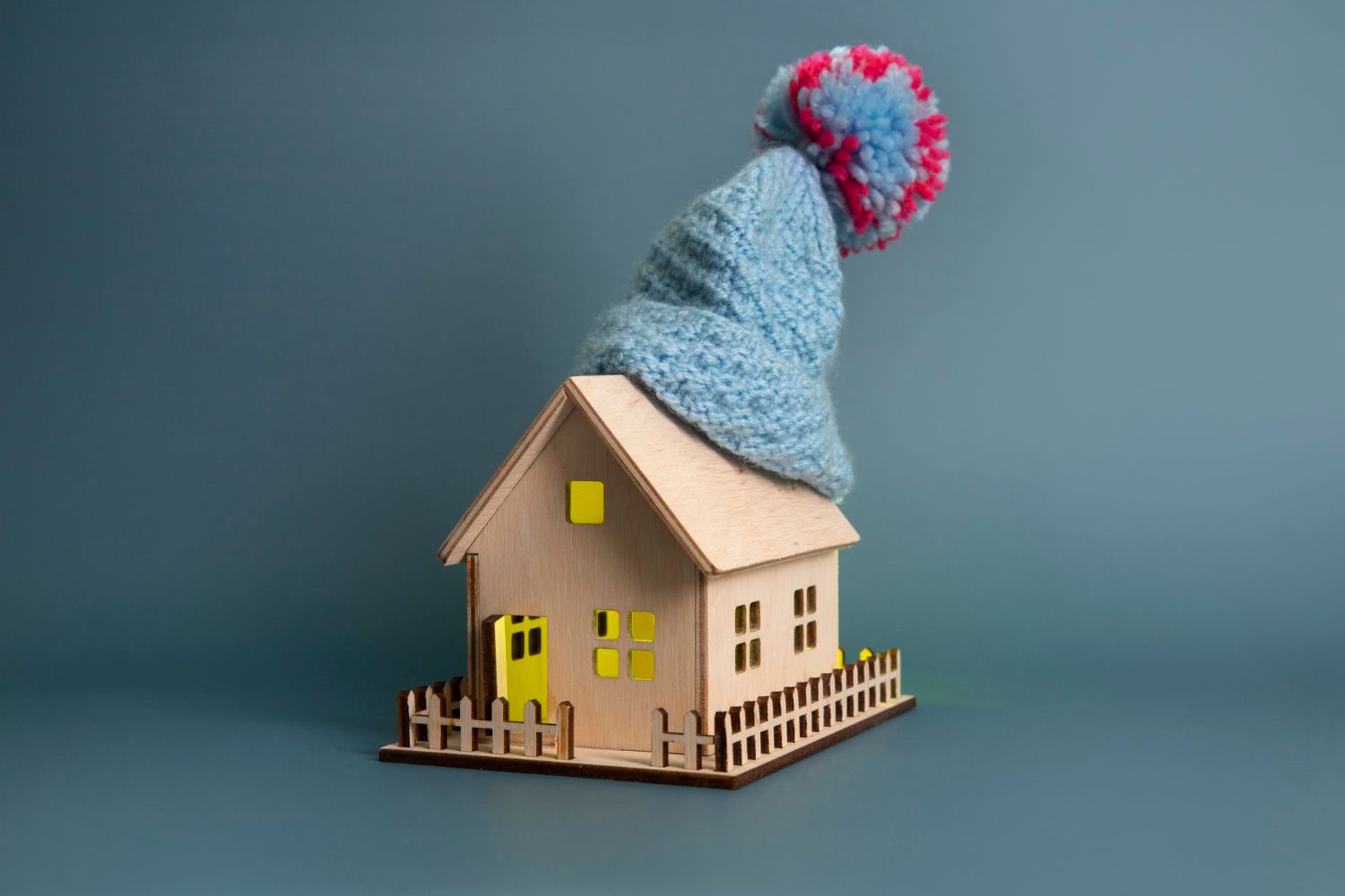 A small wooden house with a knitted hat on top of it.
