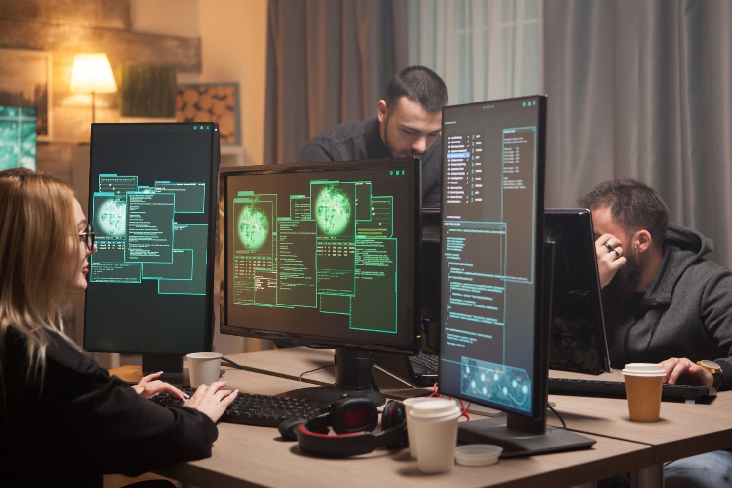 A group of people are sitting at a table in front of computer monitors.