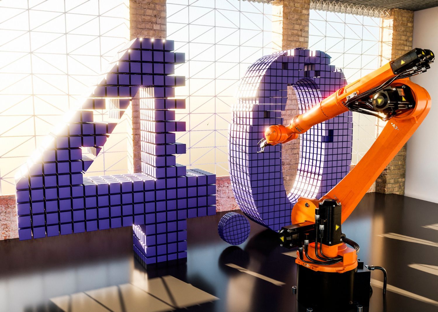 A robotic arm is making the number 40 out of purple cubes.