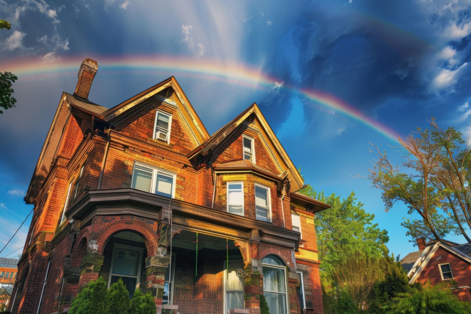 A brick house with a rainbow in the sky above it