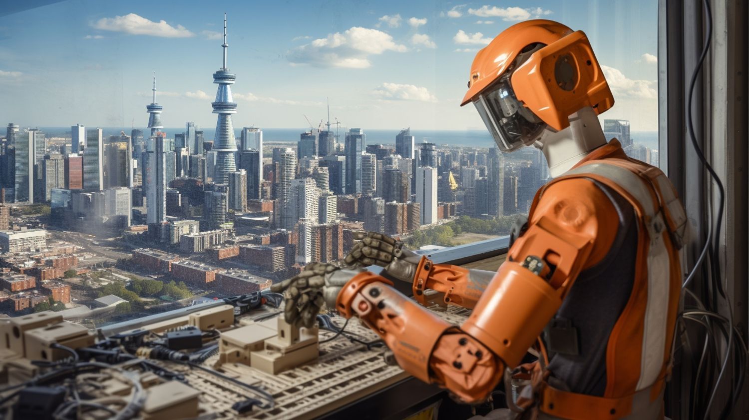 A robot wearing a hard hat is working on a building.