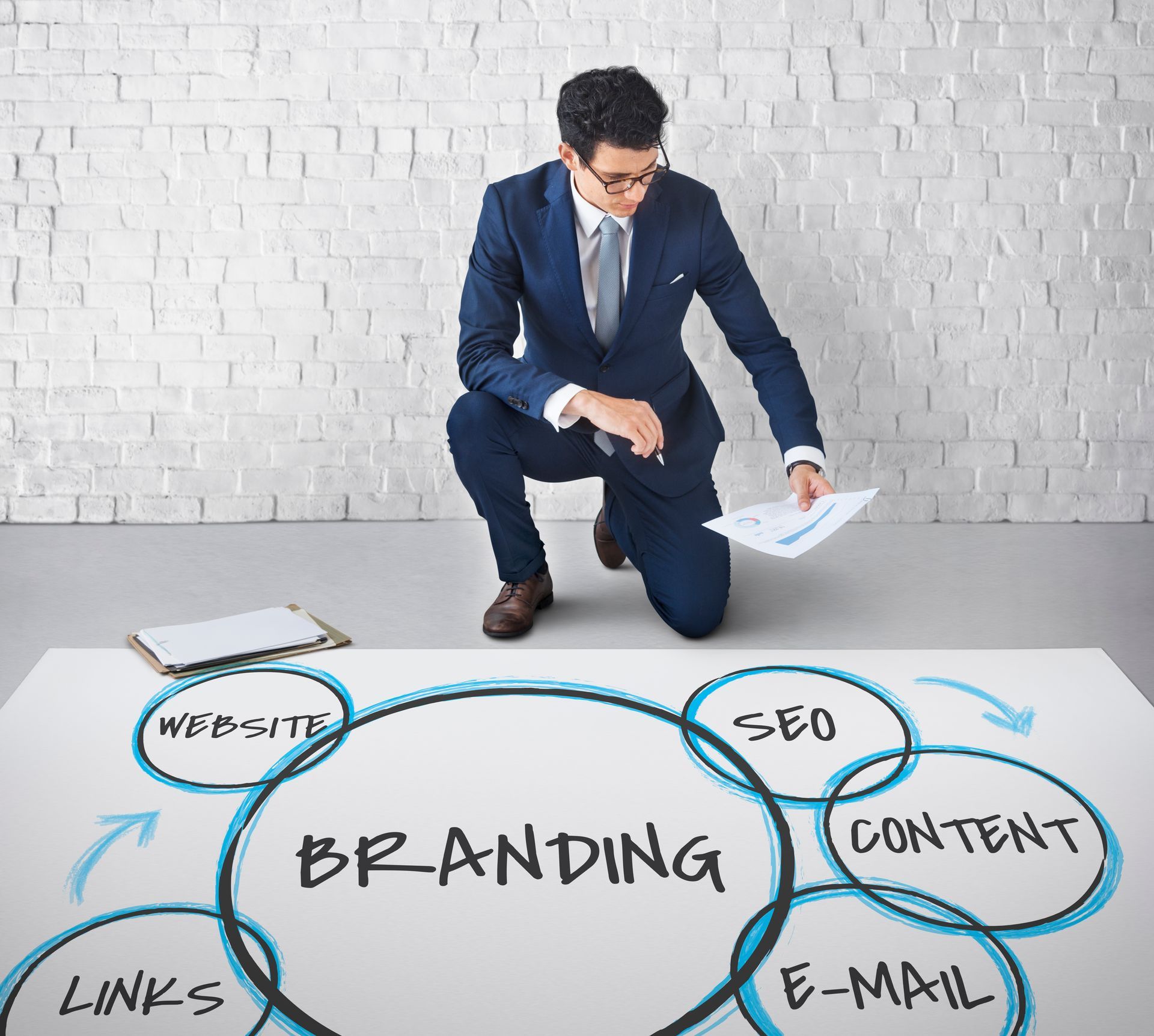 A man in a suit is kneeling down in front of a diagram that says branding