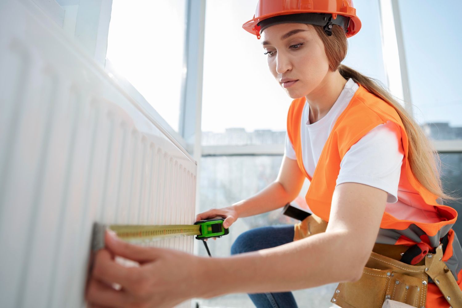 A woman is measuring a wall with a tape measure.