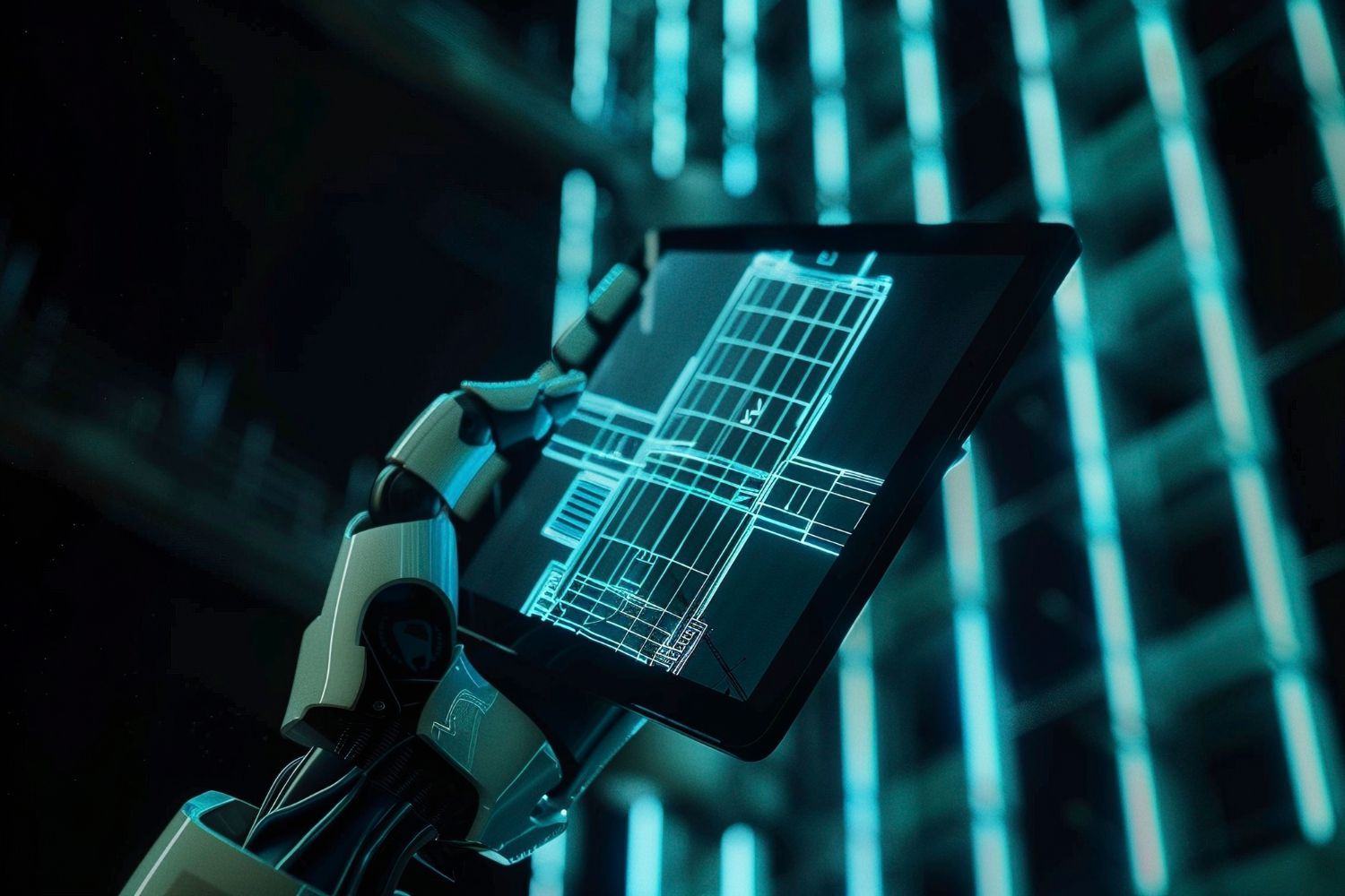 A robot is holding a tablet with a building on it.