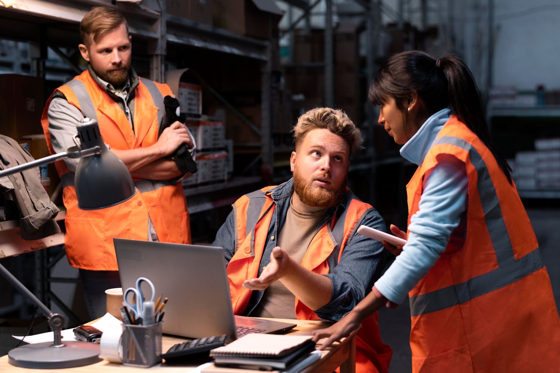 A group of construction workers are standing around a desk in front of a laptop computer.