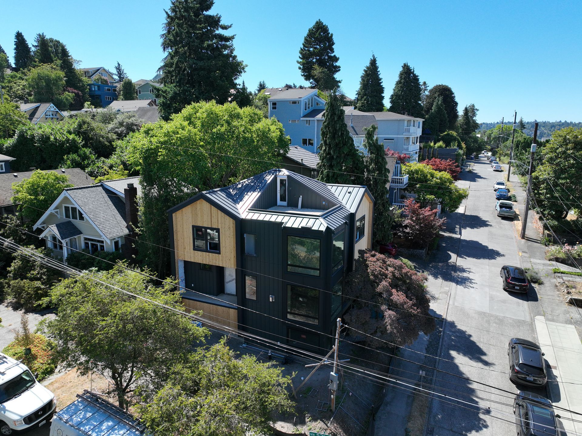 An aerial view of a house in a residential area