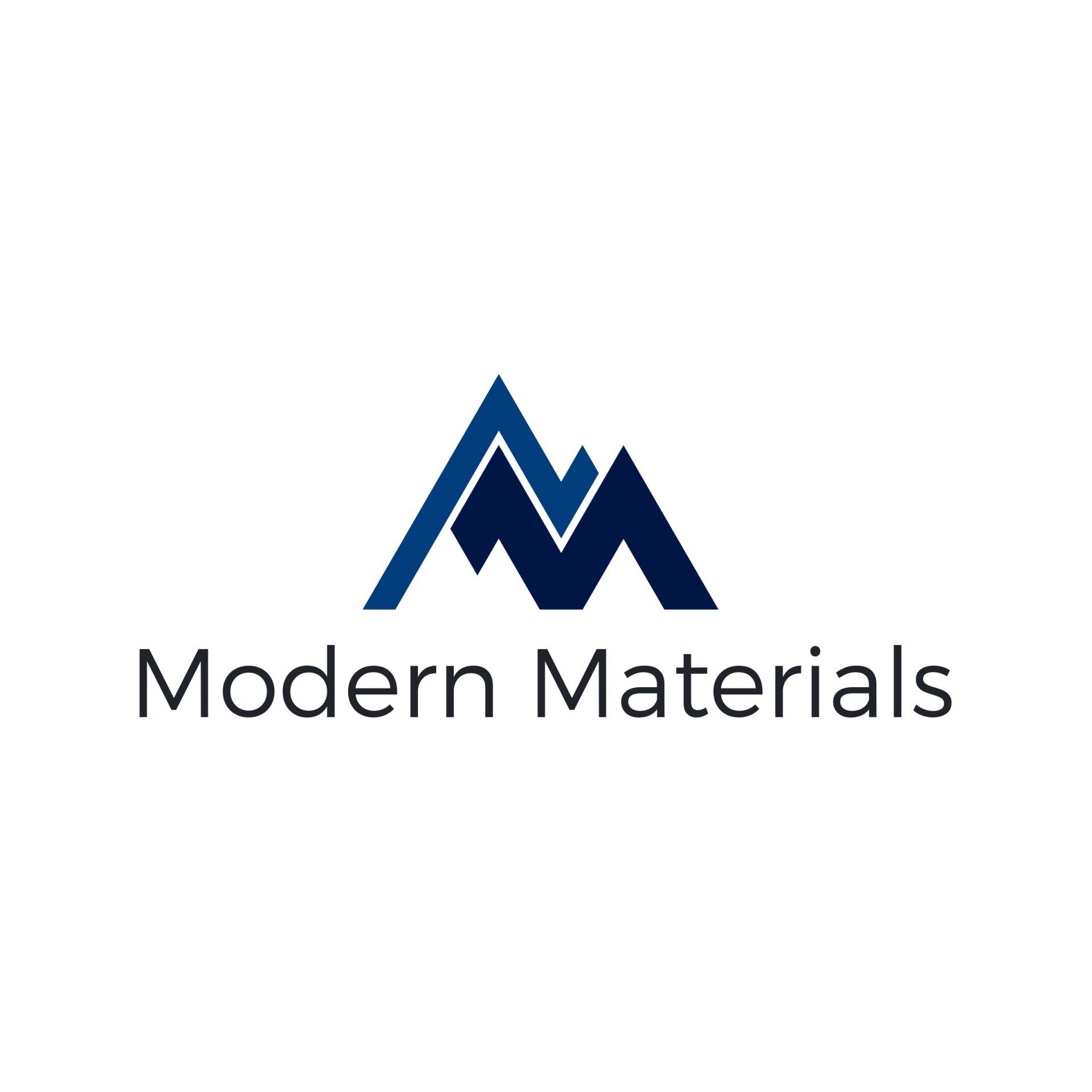 A logo for modern materials with a blue m on a white background.