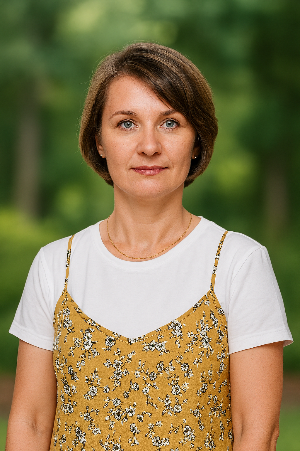 A man wearing a hat and a blue shirt is standing in front of a tree.
