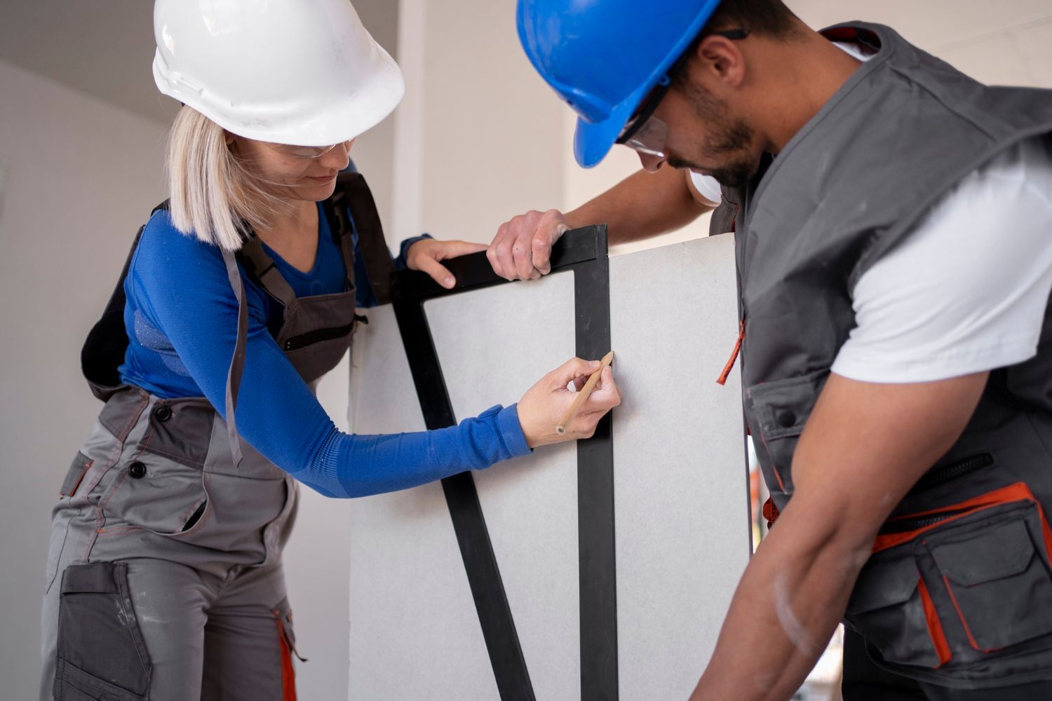 A man and a woman are working on a wall.