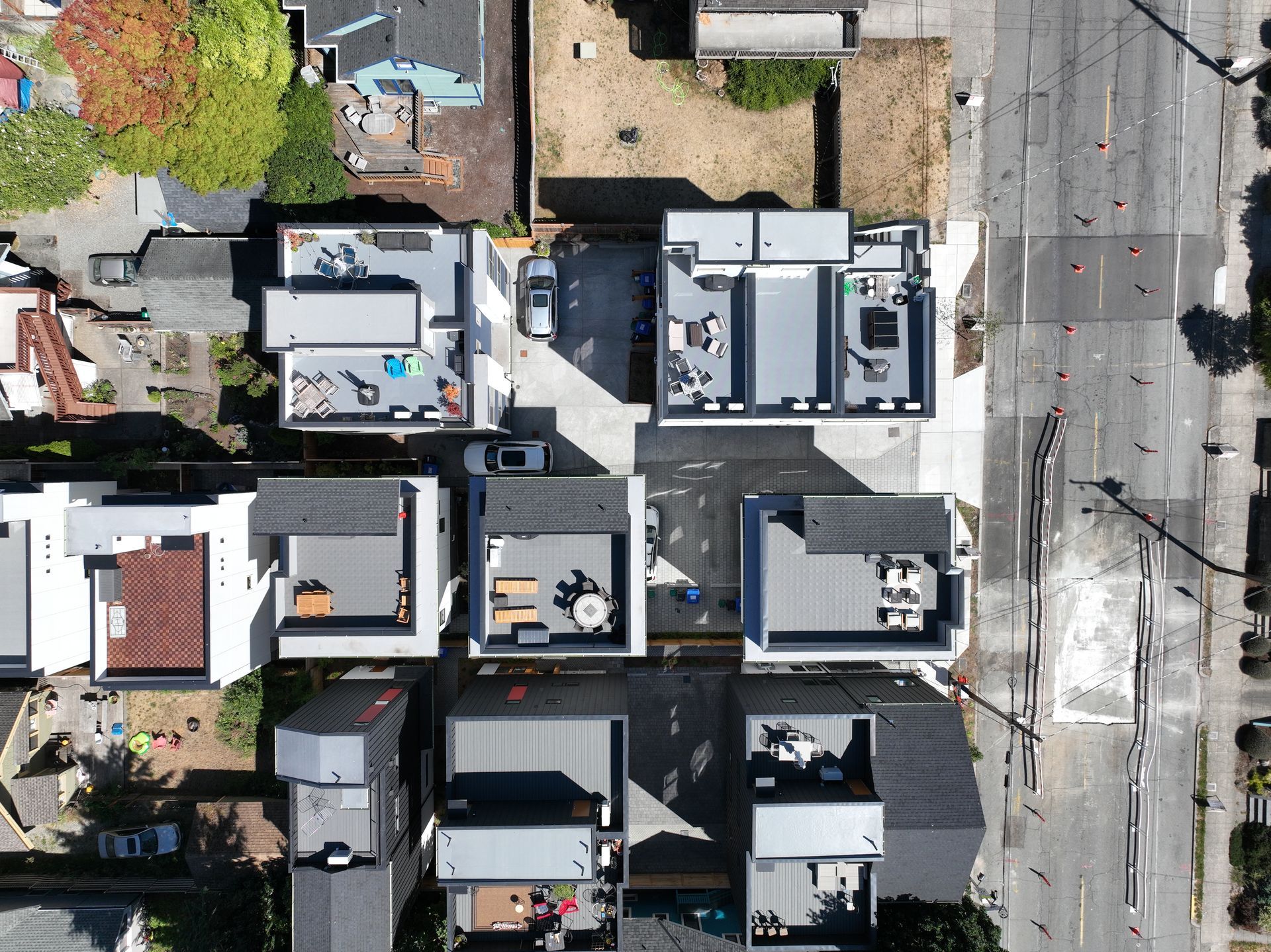An aerial view of a residential area with lots of buildings