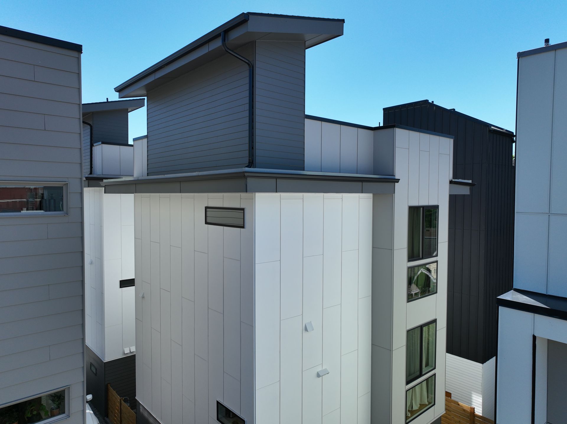 An aerial view of a building with a lot of windows