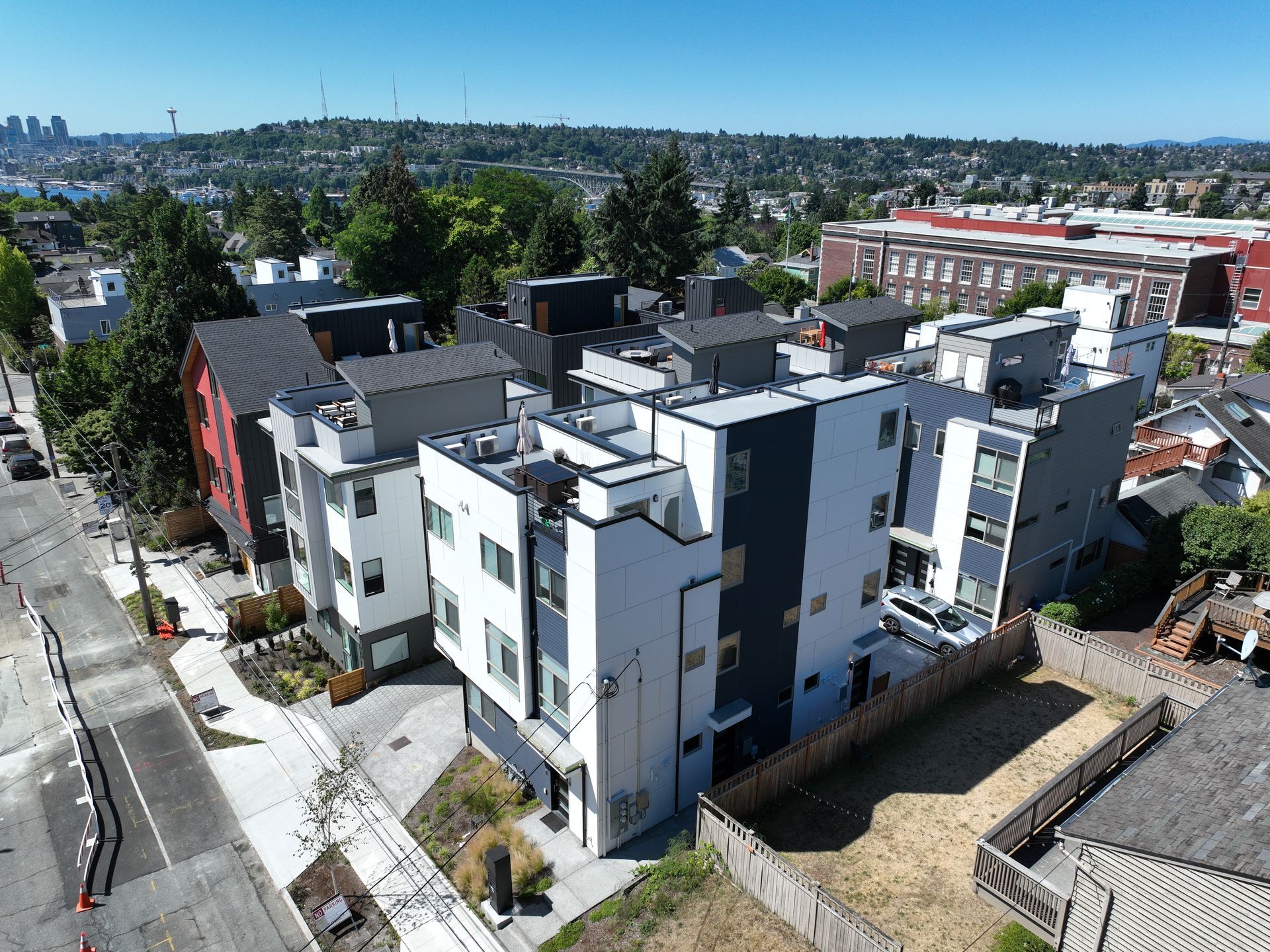 An aerial view of a building with a lot of windows