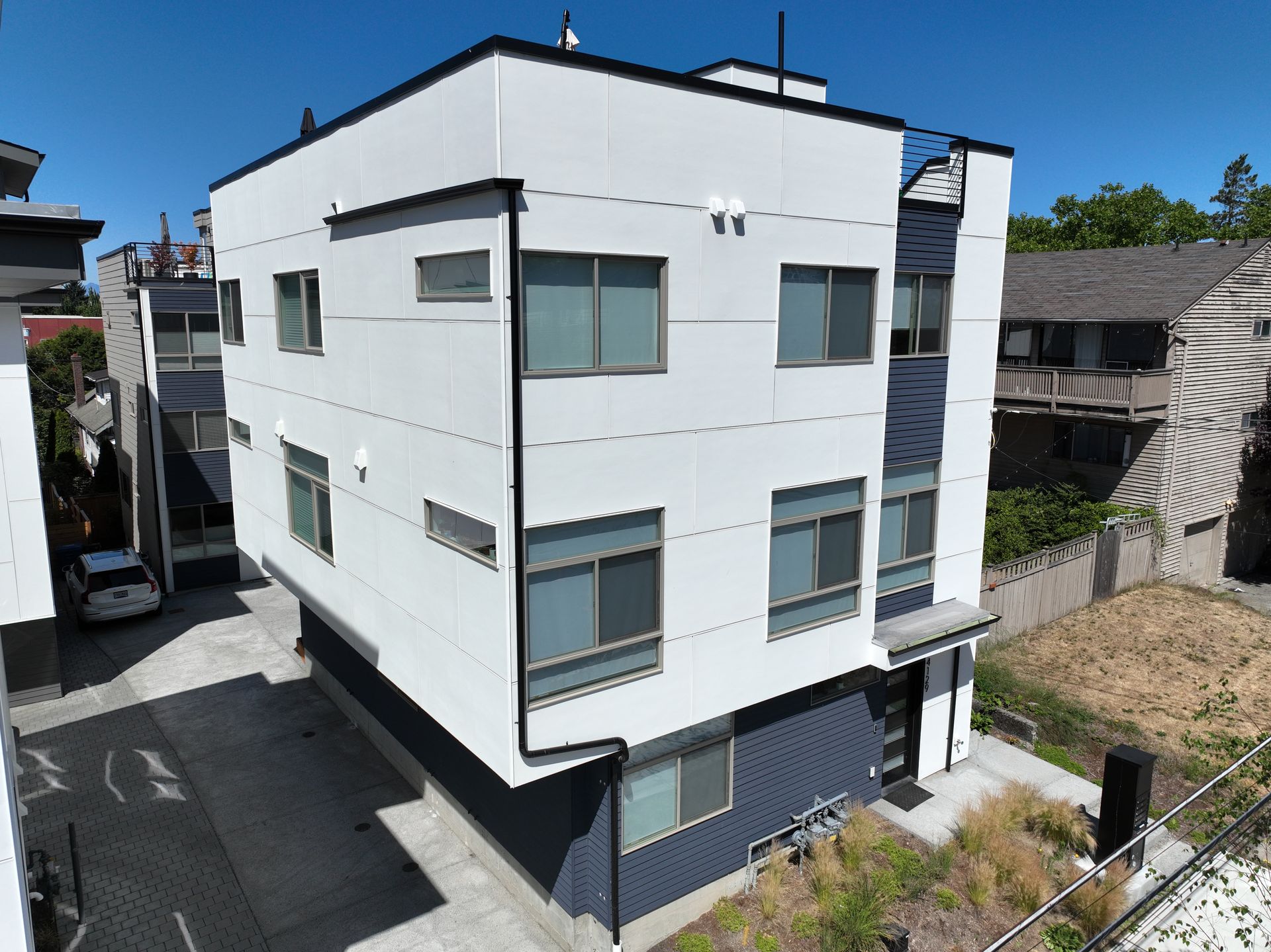An aerial view of a building with a lot of windows