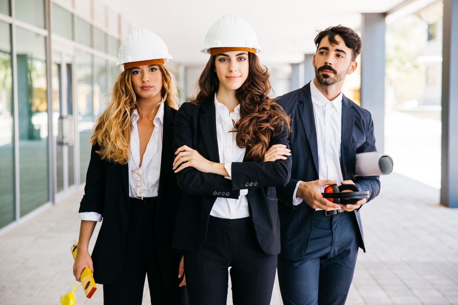 A man and two women wearing hard hats are standing next to each other.