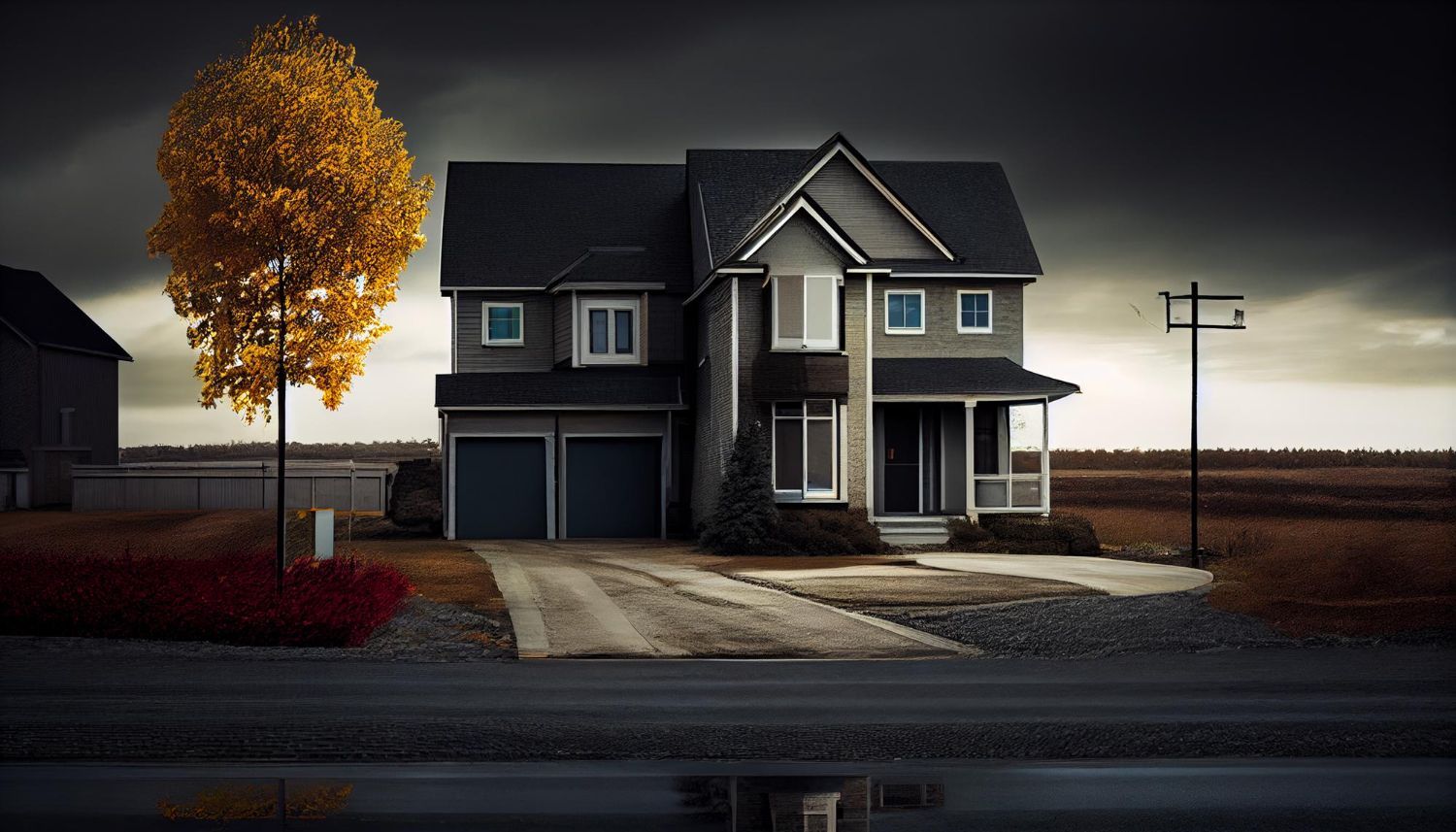 A house with a tree in front of it on a cloudy day.