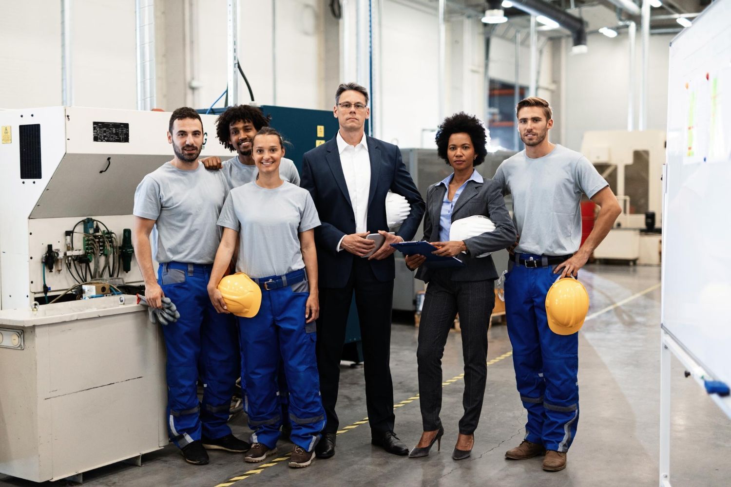 A group of people are posing for a picture in a factory.