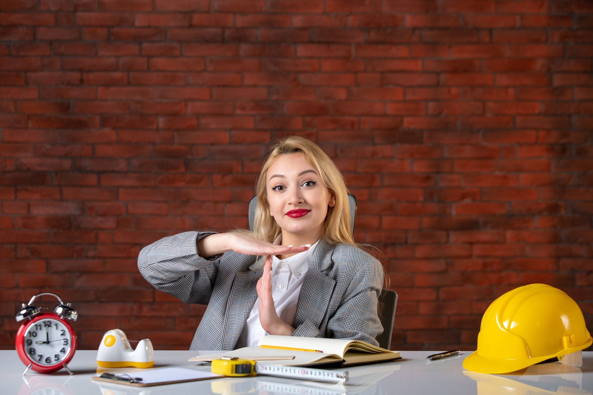 A woman is sitting at a desk with a hard hat and an alarm clock.