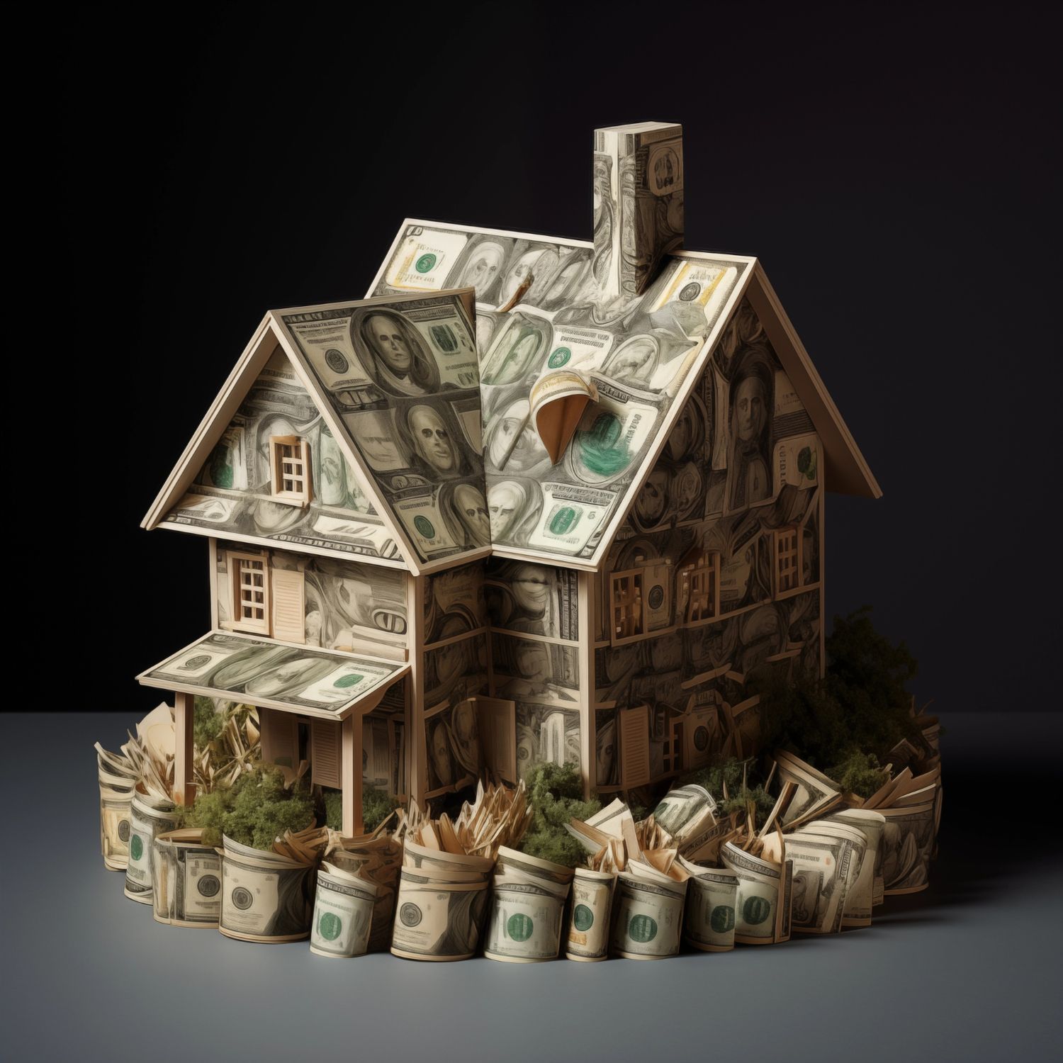 A model of a house made out of hundred dollar bills