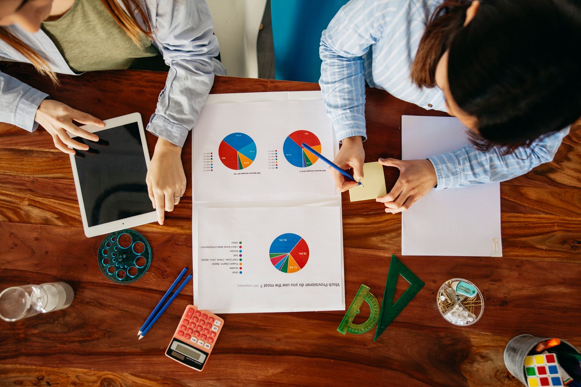 A group of people are sitting at a table looking at a pie chart.