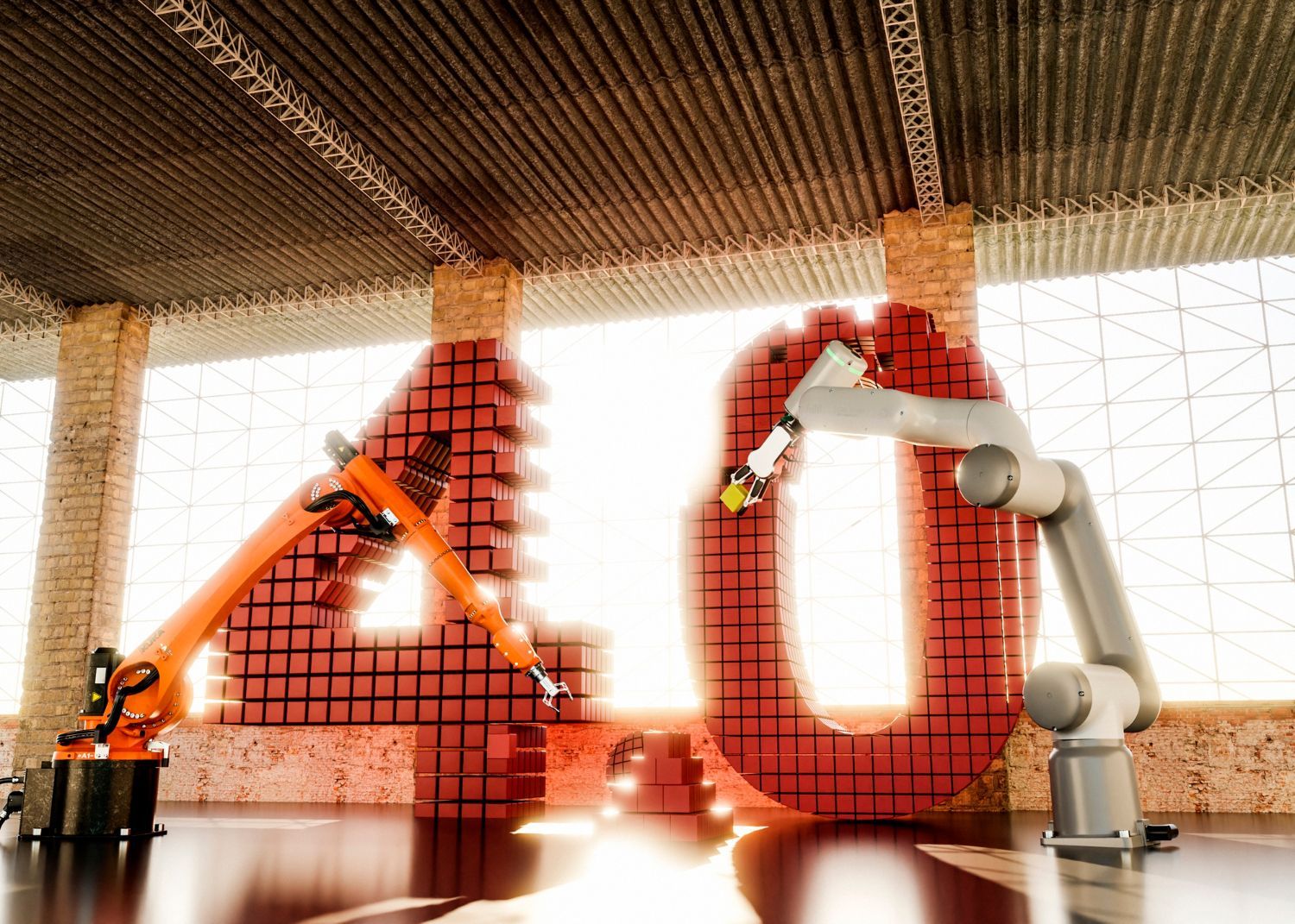 A robotic arm is making the number 40 out of bricks.